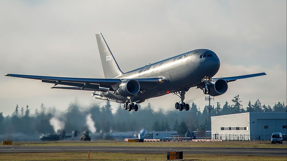 The first Boeing KC-46 tanker for the U.S. Air Force takes off from Paine Field in Everett, Wash.