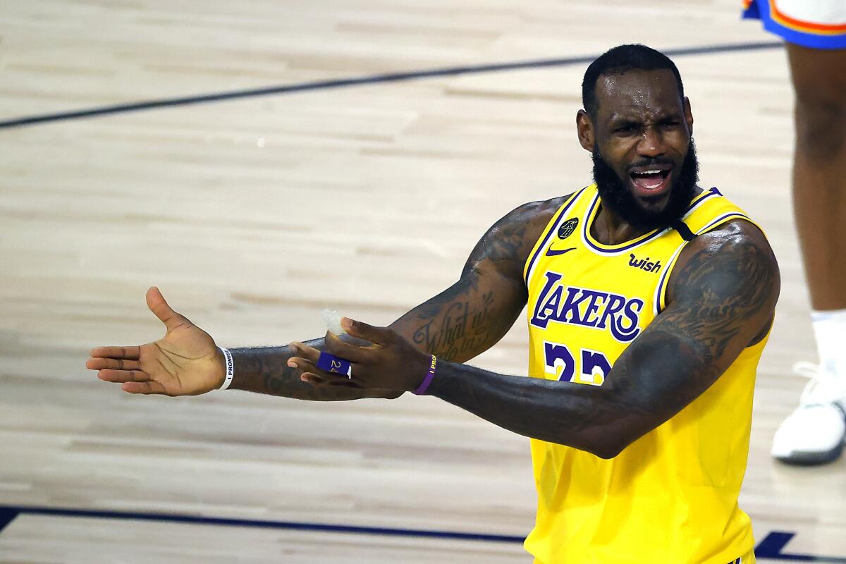 Lakers star LeBron James argues a call during Wednesday's game against the Oklahoma City Thunder.