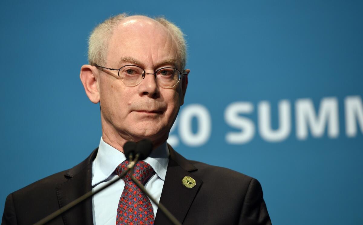 European Council President Herman Van Rompuy speaks at a joint press conference Saturday morning at the start of the G20 Summit in Brisbane, Australia.