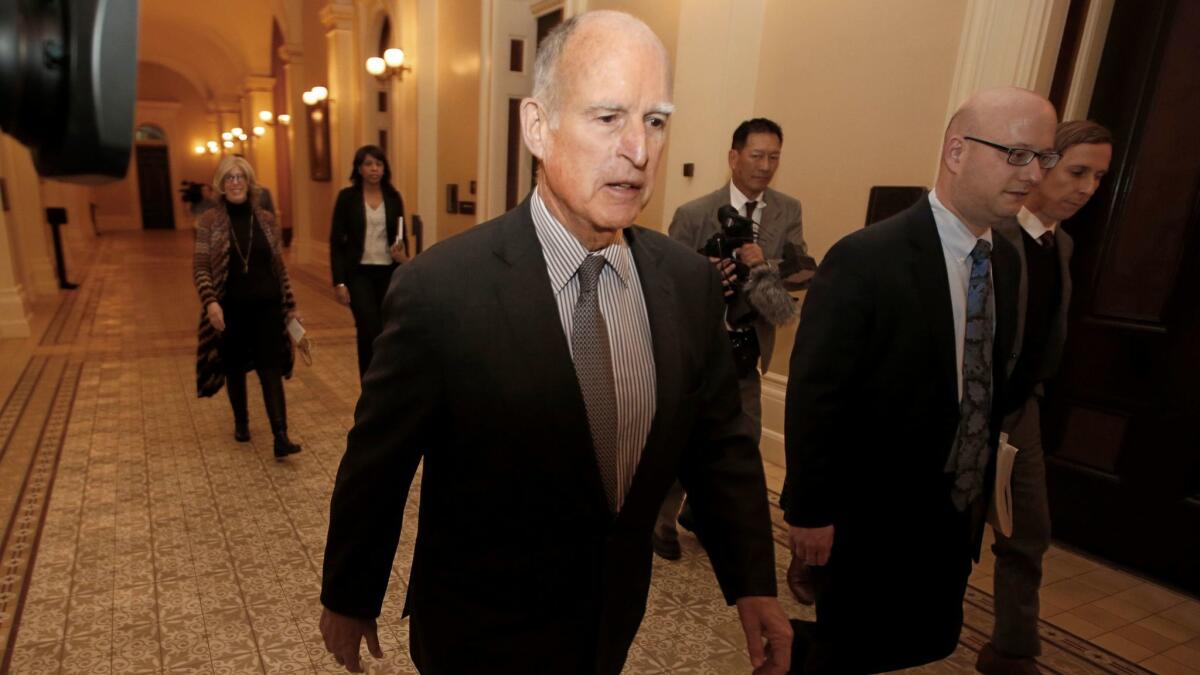 Gov. Jerry Brown after meeting with Democrats in the California state Senate to urge them to approve a transportation plan.