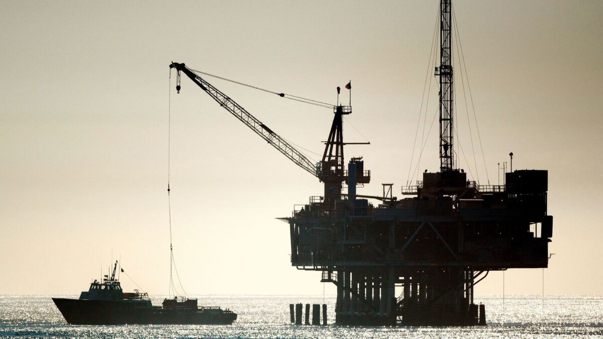An oil drilling platform is seen off Seal Beach on Jan. 4, 2018. California is one of many states that object to the Trump administration's offshore drilling plan.