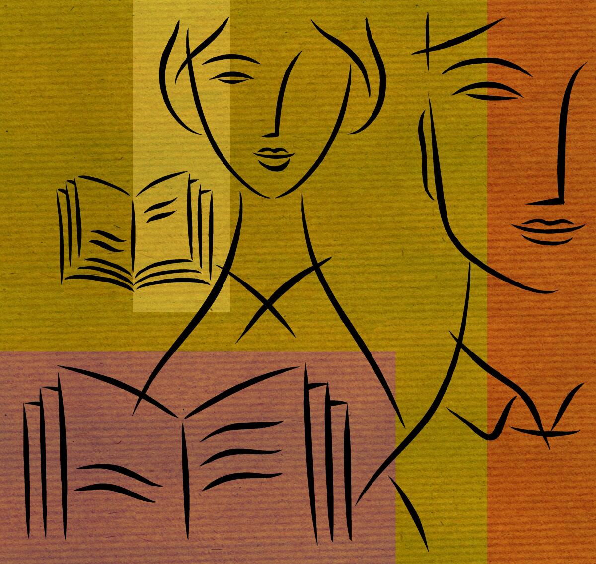 People and books drawn in black on a yellow and orange background