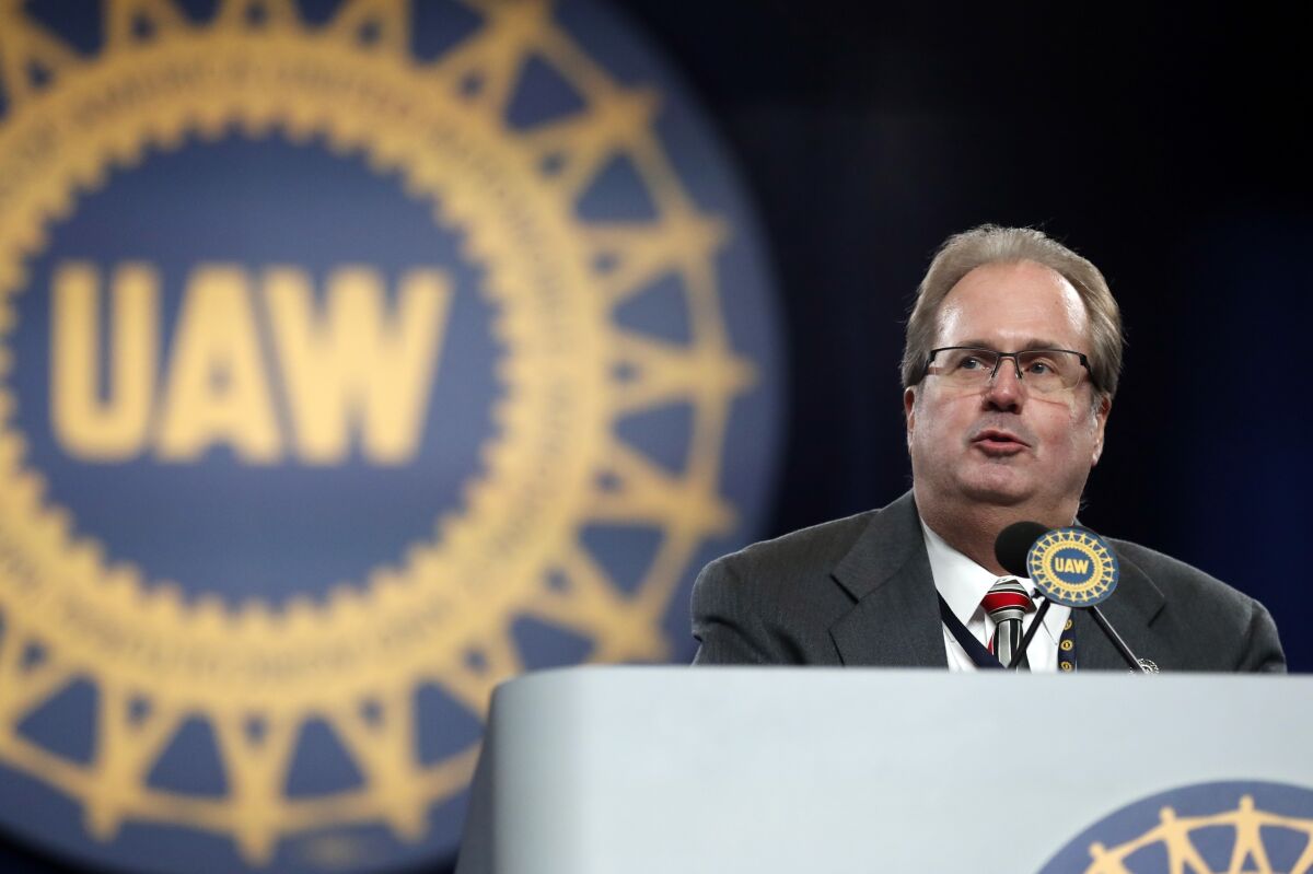 FILE - In this March 11, 2019 file photo, Gary Jones, president of the United Auto Workers union addresses delegates to the union's bargaining convention in Detroit. Federal prosecutors in Detroit put a herd of UAW officials in prison and they're sharing additional evidence with a court-appointed watchdog who has authority to pursue other misconduct at the union. The investigation led to a dozen convictions at the UAW, including prison terms for two presidents, Jones and Dennis Williams. (AP Photo/Carlos Osorio, File)