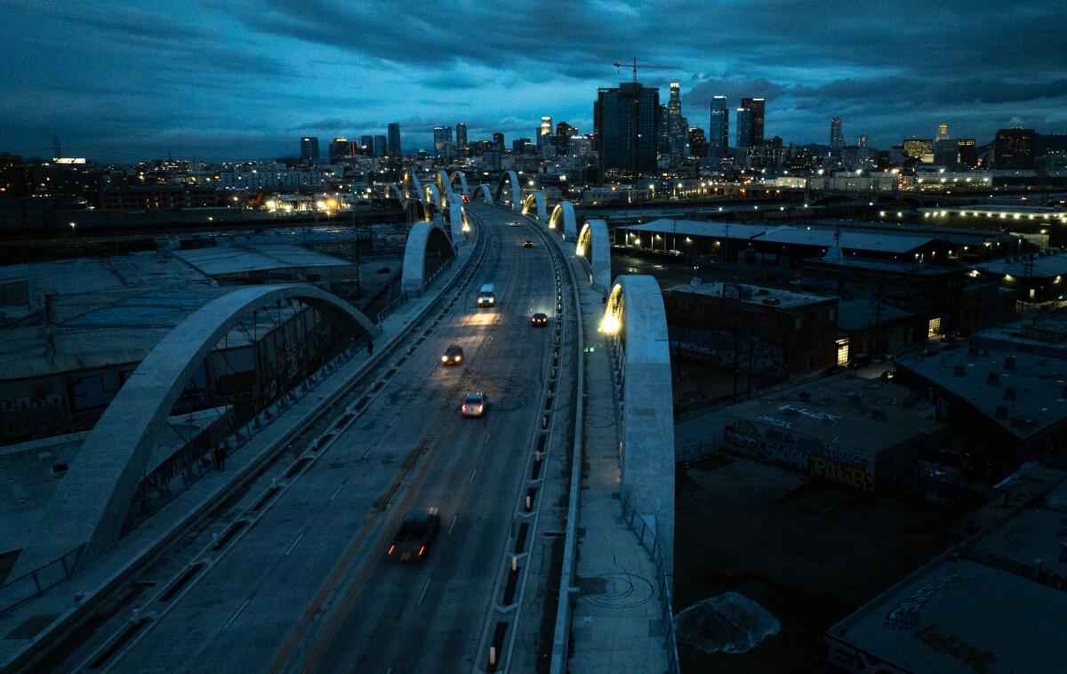 Arches on the 6th Street Viaduct are dark because of copper wire theft on Dec. 21, 2023. 