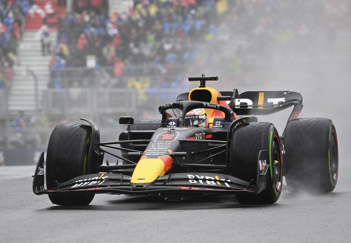 Red Bull Racing Max Verstappen of the Netherlands, drives during the third practice session during the third practice session at the Formula One Canadian Grand Prix in Montreal, Saturday, June 18, 2022. (Jacques Boissinot/The Canadian Press via AP)