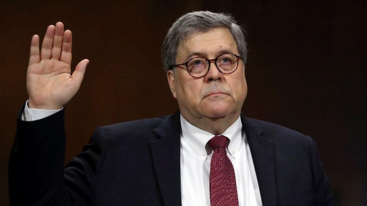 Atty. Gen. William Barr is sworn in to testify before the Senate Judiciary Committee hearing on May 1.