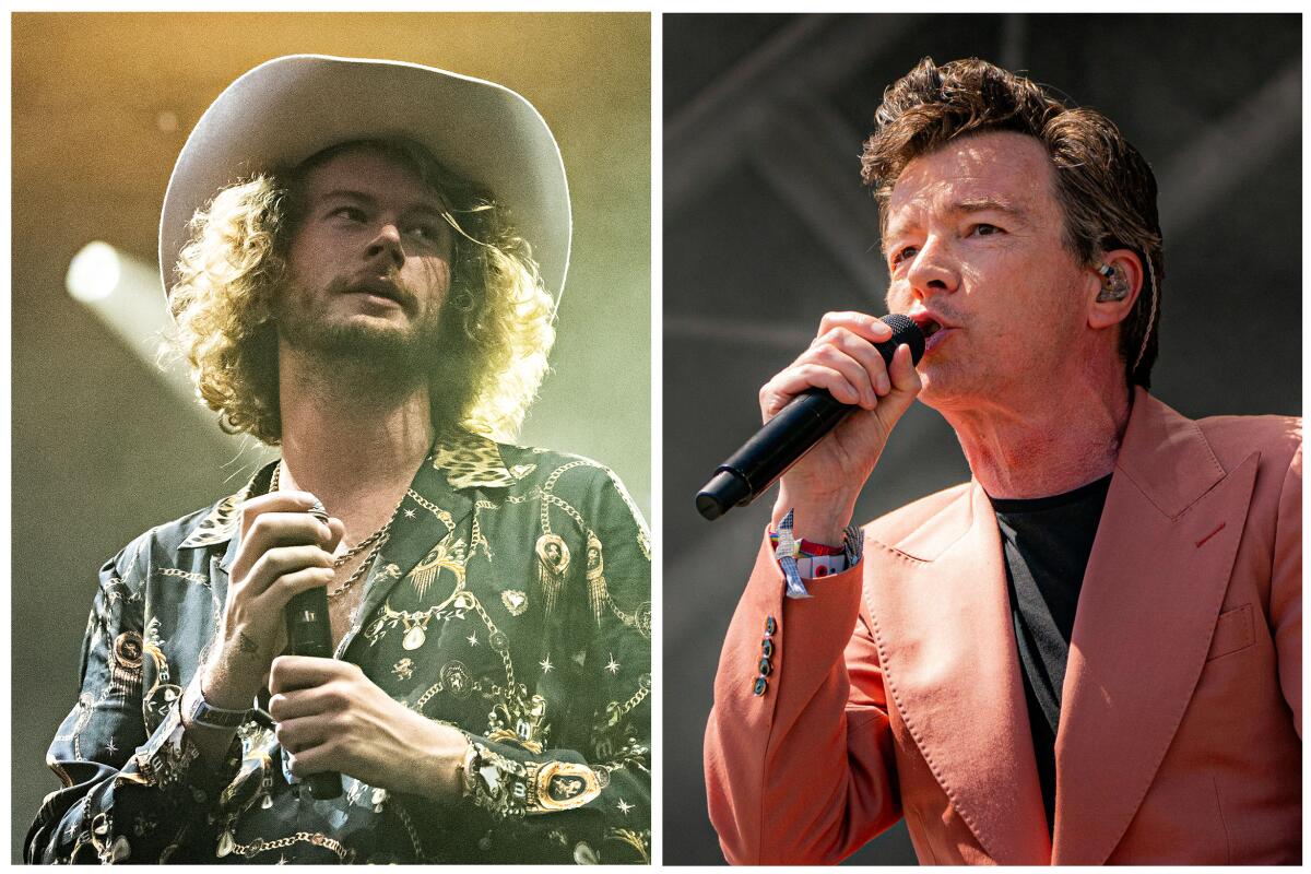 Separate images of Yung Gravy in a cowboy hat holding a mic and Rick Astley in a red suit singing into a mic