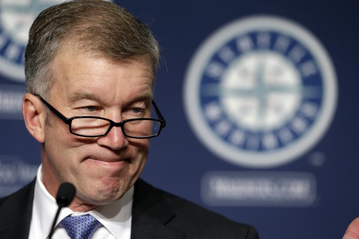 Seattle Mariners team president Kevin Mather speaks at a news conference in 2015.