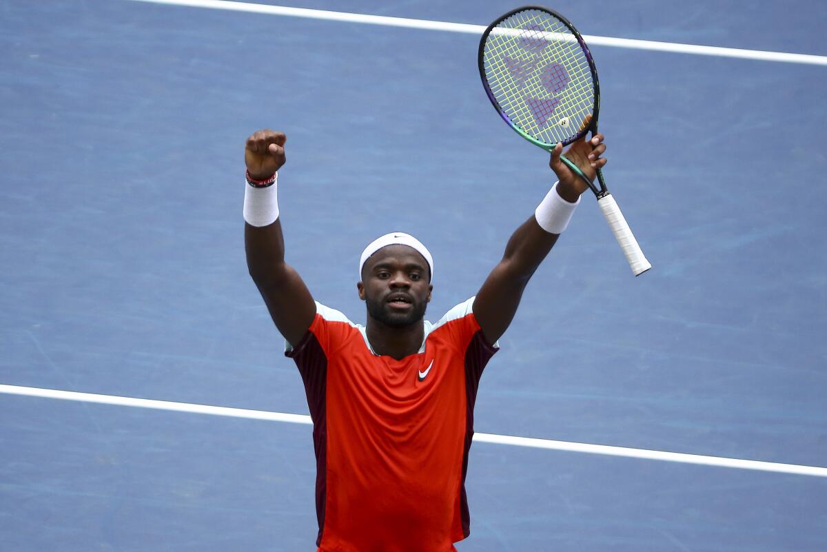 Frances Tiafoe reacts after winning a point during the third round of the U.S. Open.