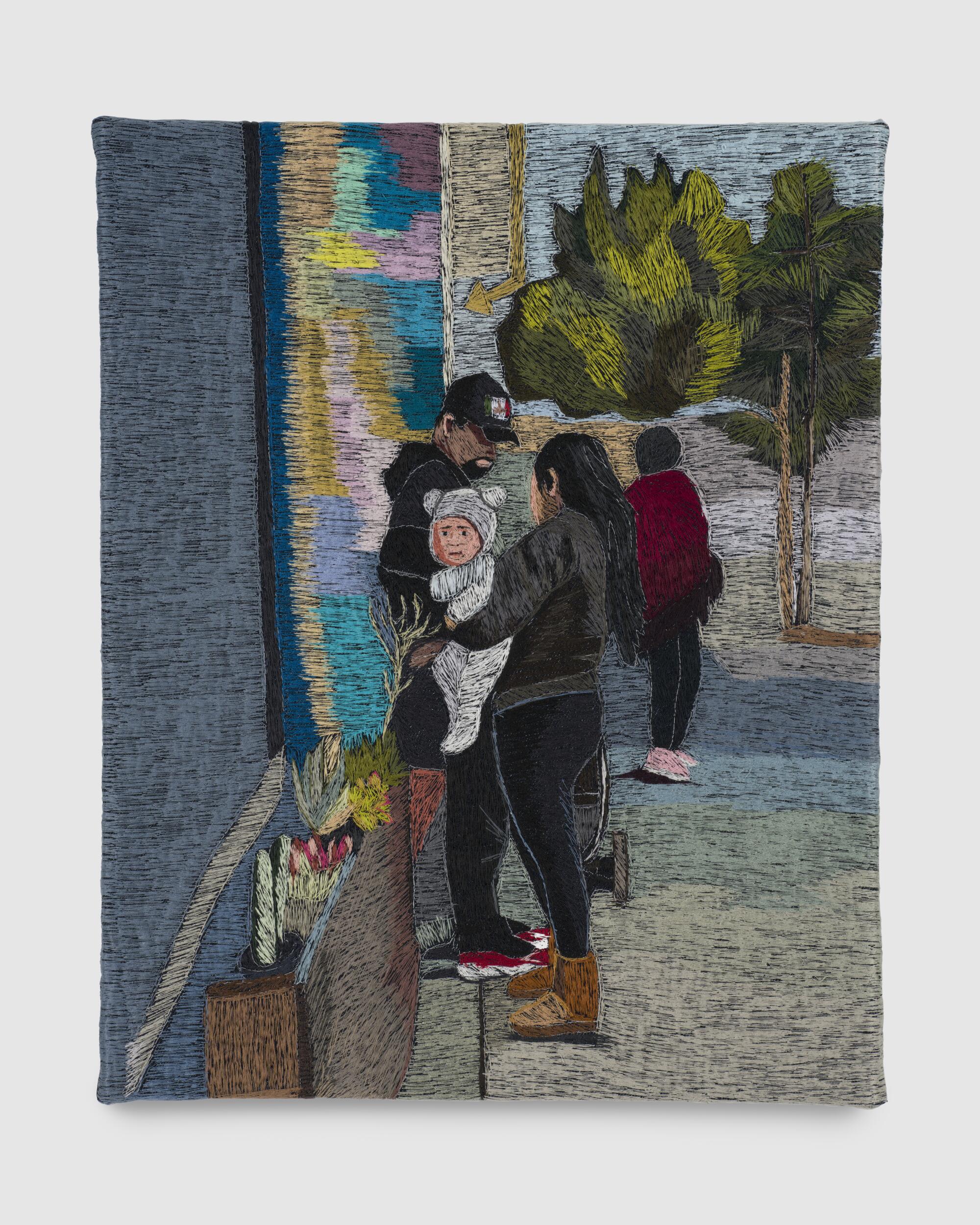 Erick Medel, “Young Familia,” Polyester thread on denim, 20 x 16 inches, 2024.