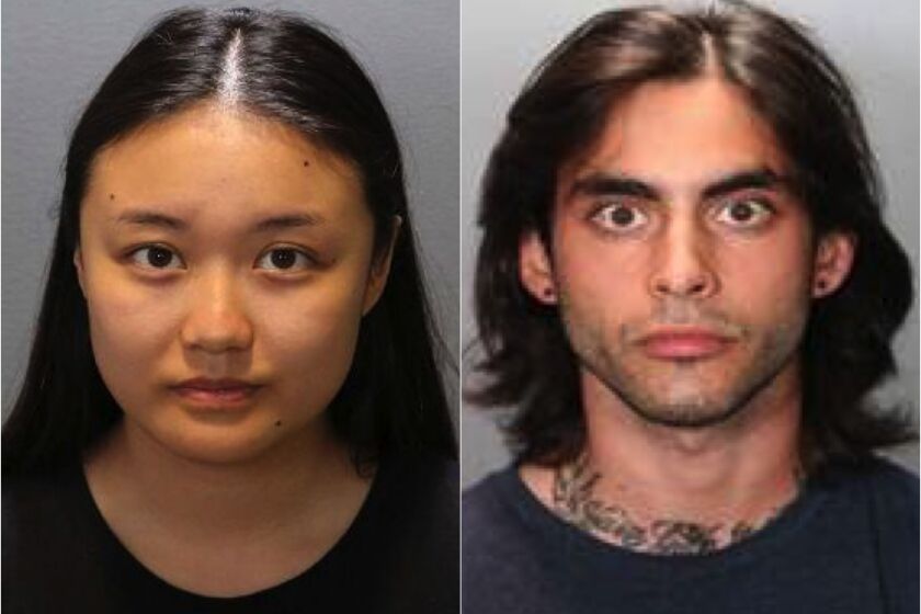 Wynne Lee, 23, left and Marcus Anthony Eriz, 24, and were taken into custody at their home in Costa Mesa on Sunday afternoon.