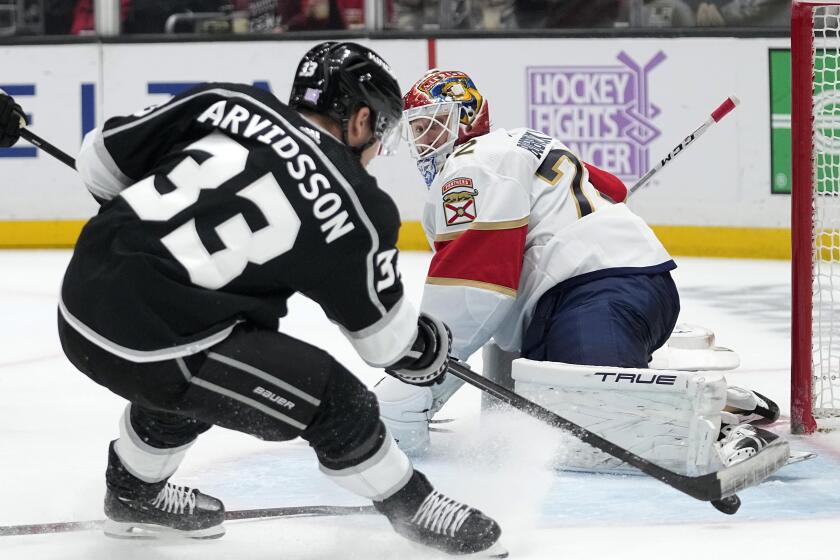 Kings left wing Viktor Arvidsson scores on Panthers goalie Sergei Bobrovsky during the second period Nov. 5, 2022.
