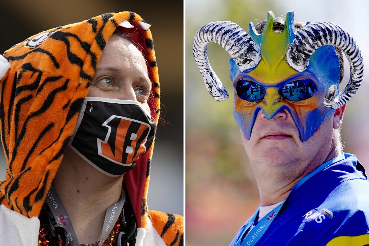Two photos: One of a person in an orange and black striped hoodie, one of a person with a blue mask with ram's horns.