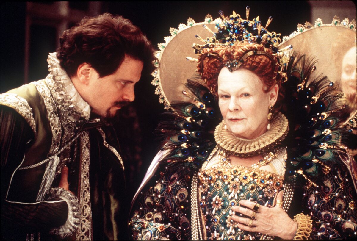 Colin Firth and Judi Dench dressed in 1500s English finery in a scene from "Shakespeare in Love."