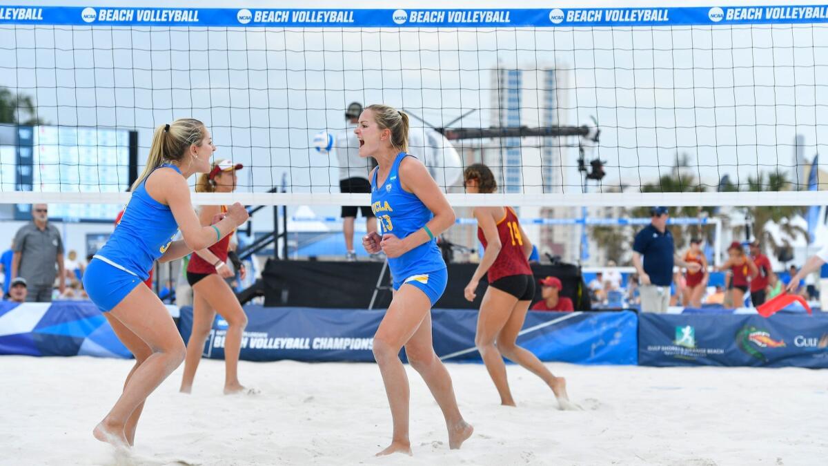 UCLA's Megan and Nicole McNamara take on USC during the Division I Women's Beach Volleyball Championship held at Gulf Beach Place on May 5, 2018 in Gulf Shores, Ala.