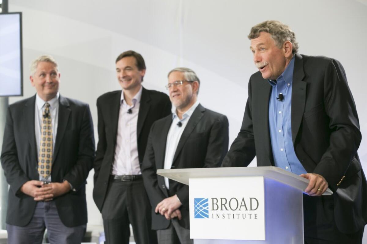 From right, Eric S. Lander of the Broad Institute, Steve Hyman and Steve McCarroll of the Stanley Center and Ken Duckworth of the National Alliance for Mental Illness discuss the future of mental illness research.