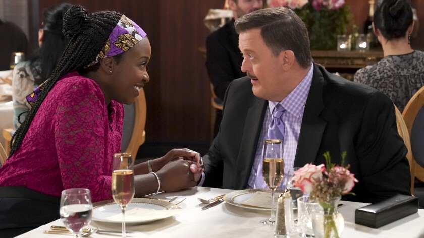 Bob (Billy Gardell) and Abishola (Folake Olowofoyeku) celebrate Valentine's Day on a new episode of the romantic comedy "Bob Hearts Abishola" on CBS.