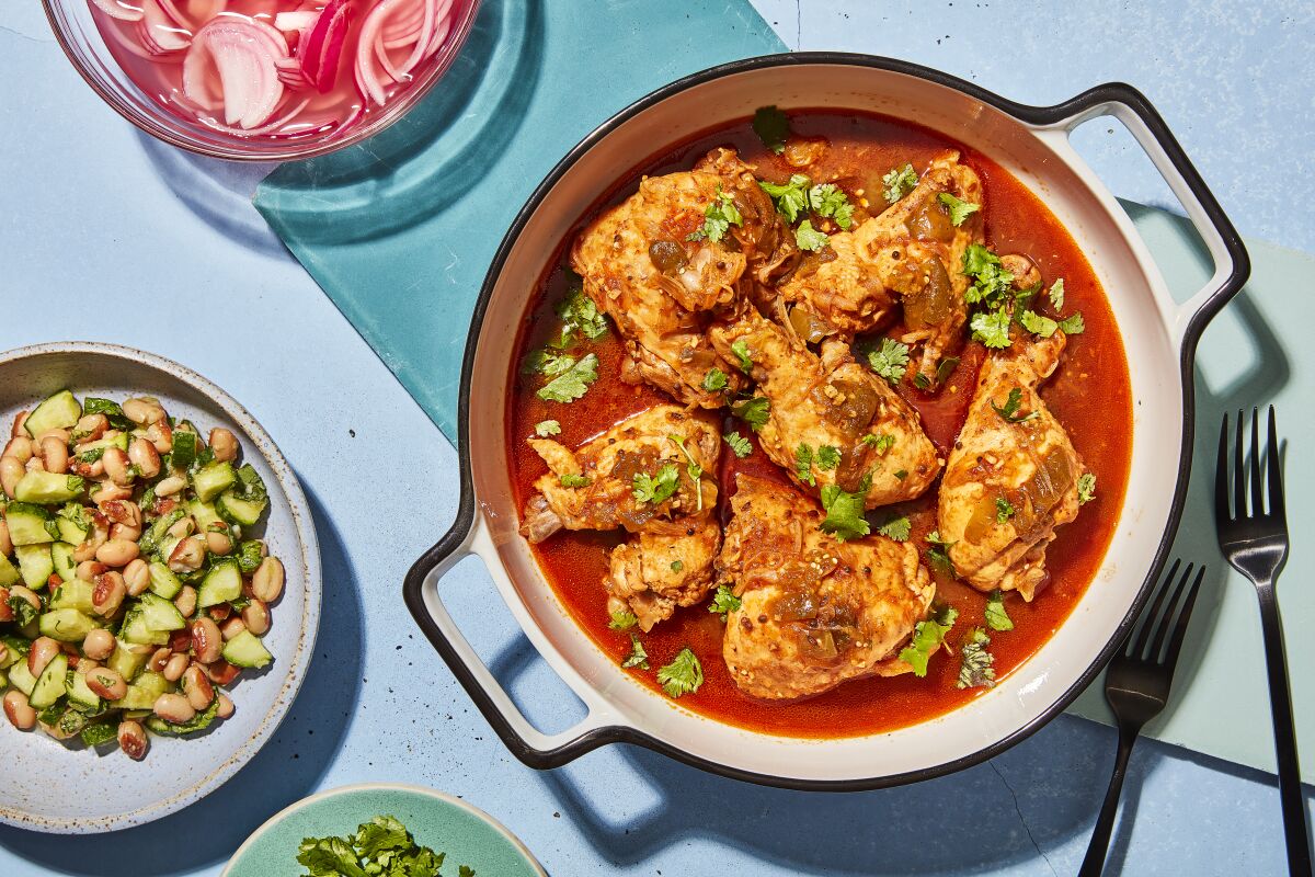 Braised Chicken with Tomatillo and a side of Bean and Cucumber Salad