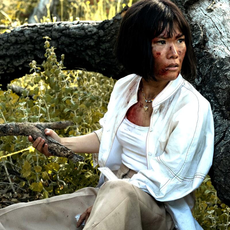 A woman with a bloody face in a white shirt and khakis sits near a tree with a stick in her hand.
