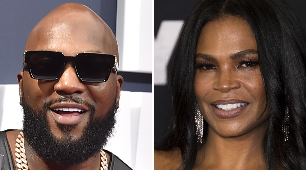 Separate headshots of rapper Jeezy in sunglasses, left, and Nia Long with her hair down wearing dangly earrings
