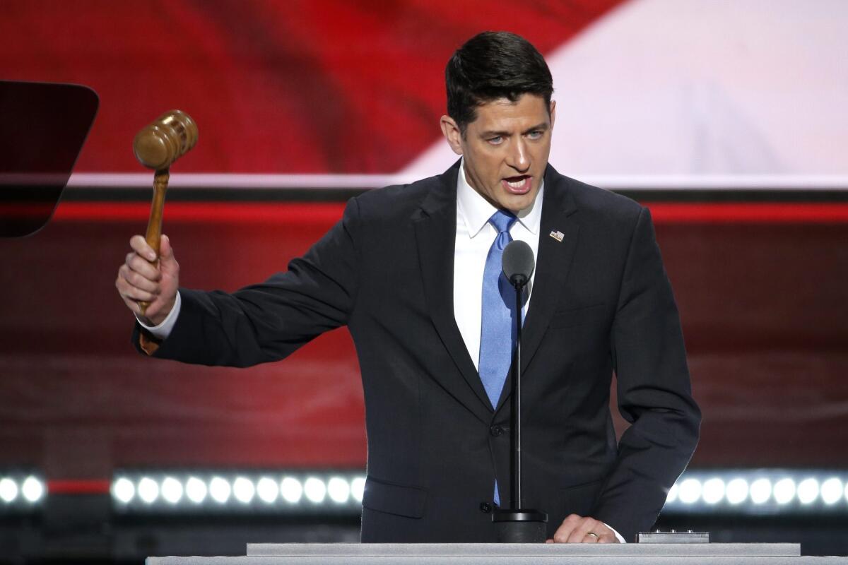 U.S. Speaker of the House Paul Ryan bangs the gavel after officially recognizing the nomination of Donald Trump on the second day of the 2016 Republican National Convention.