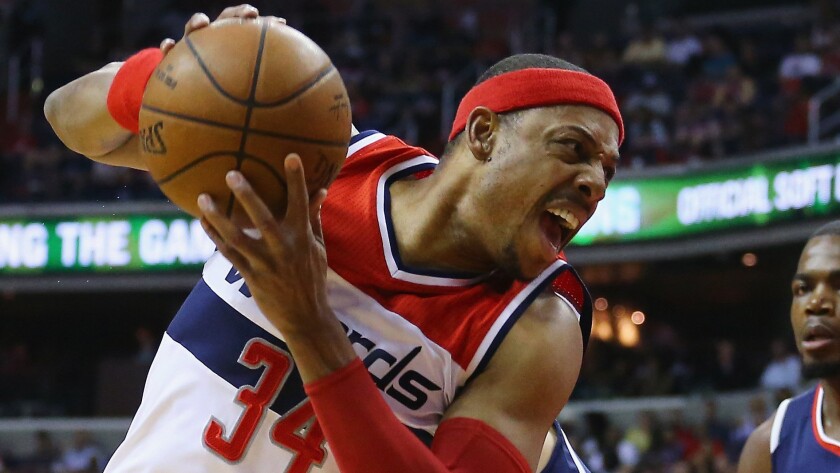 Wizards forward Paul Pierce works in the post during a playoff game against the Atlanta Hawks on May 15.