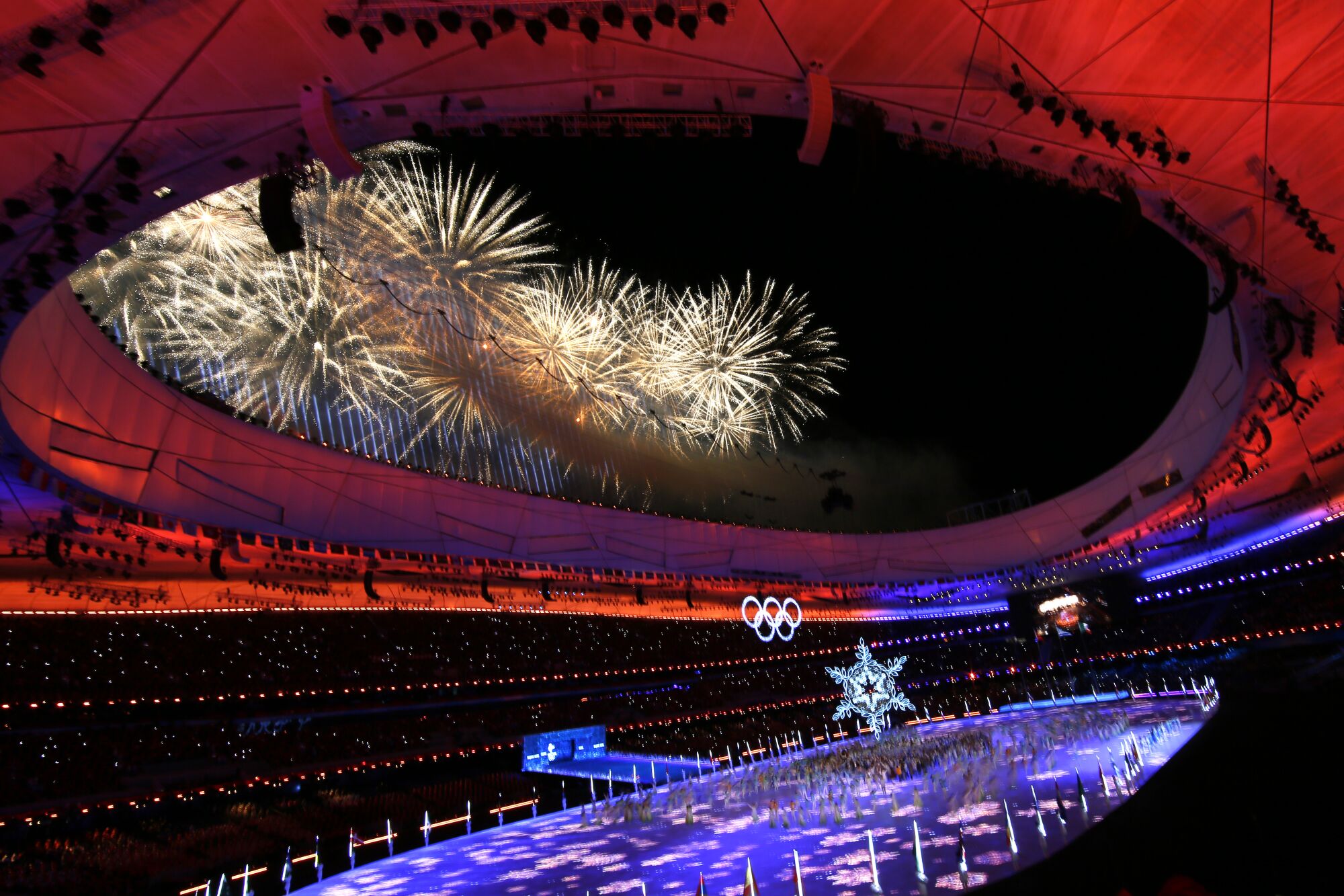 Fireworks display at the end of the closing ceremony at the Beijing 2022 Olympic games.