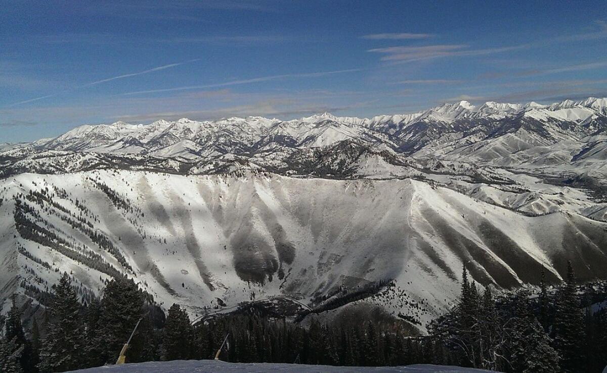 Sun Valley view in winter from Bald Mountain with the Boulder Mountains in the background.