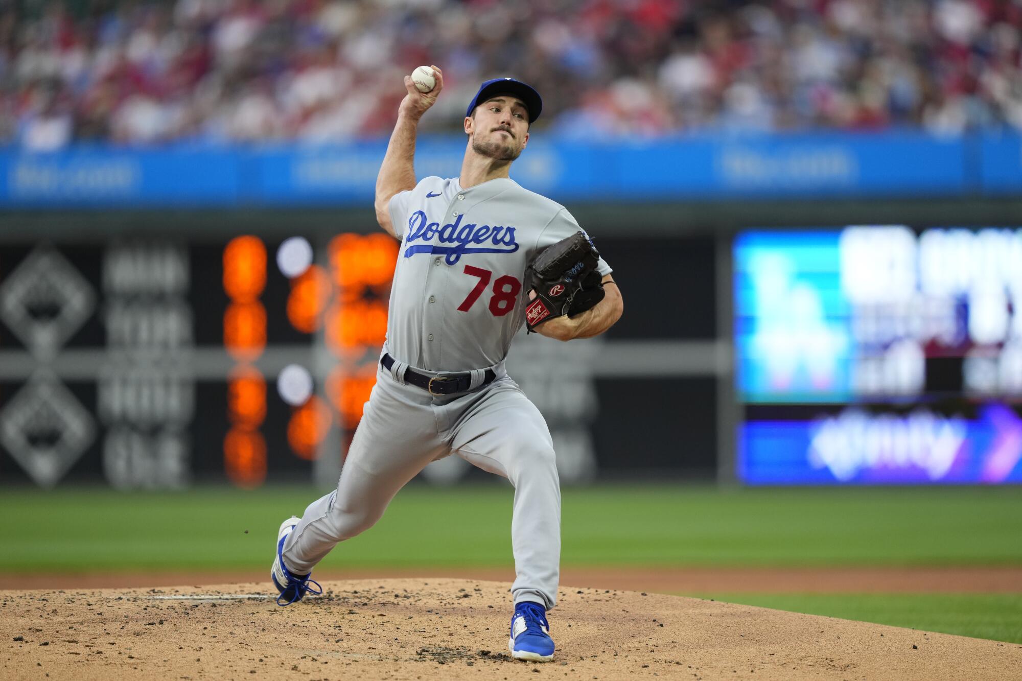 Dodgers starting pitcher Michael Grove delivers in the first inning Friday.
