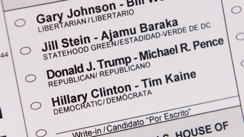 This file photo taken on October 27, 2016 shows an absentee ballot featuring voting options for the US presidential election, including Republican presidential nominee Donald Trump and Democratic presidential nominee Hillary Clinton.