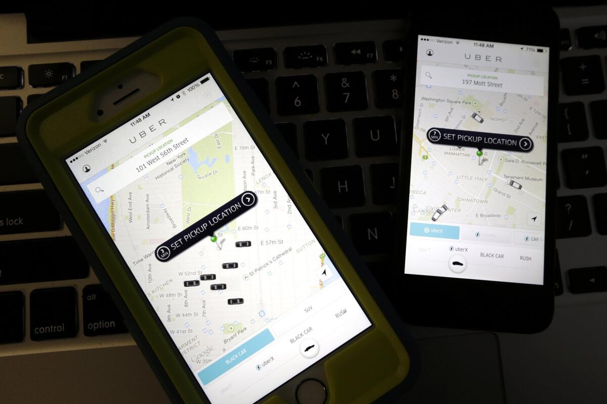 Uber apps allow passengers to set their location with GPS to find rides.