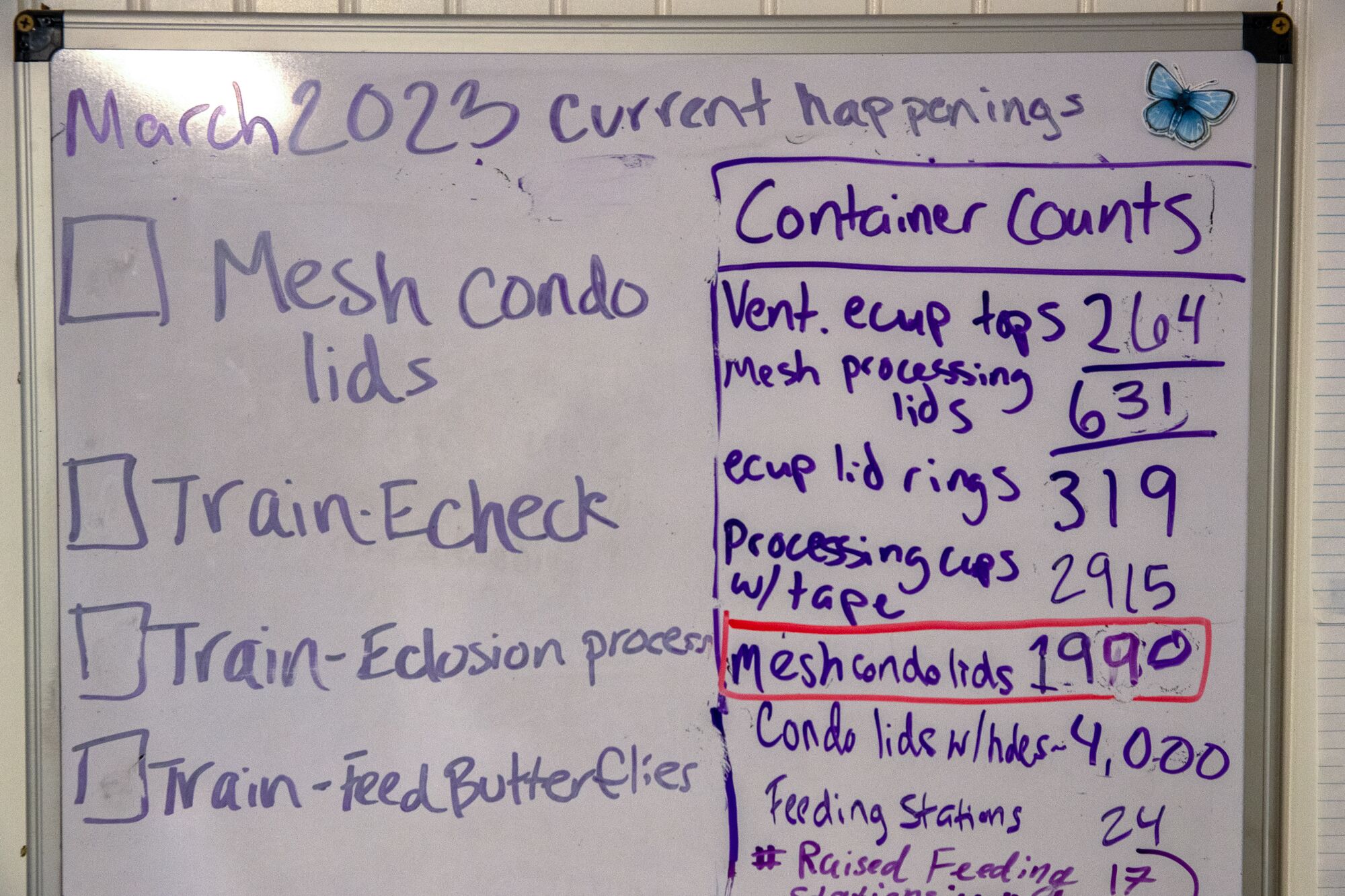 A whiteboard contains such action items as "mesh condo lids" and "train - feed butterflies."
