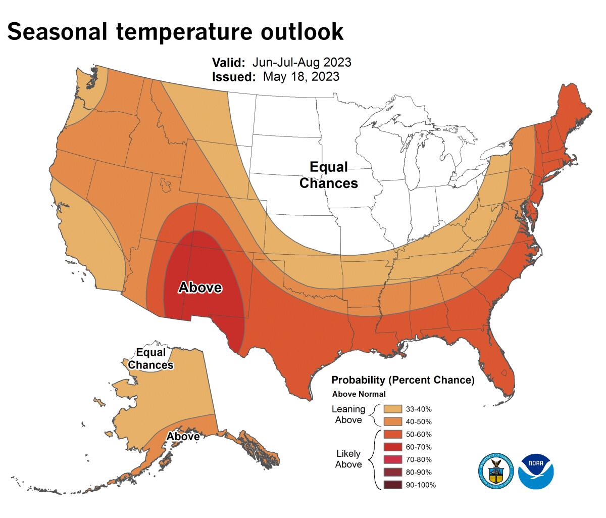 Seasonal temperature outlook map showing higher than normal temperatures in most of the  U.S.