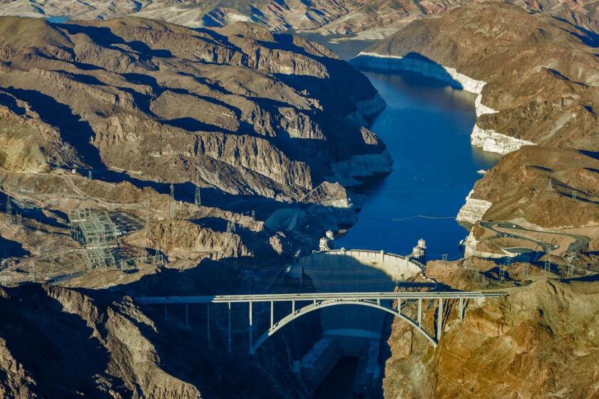 Lake Mead reservoir and the Hoover Dam show a "bath tub ring" from low water levels in 2015.