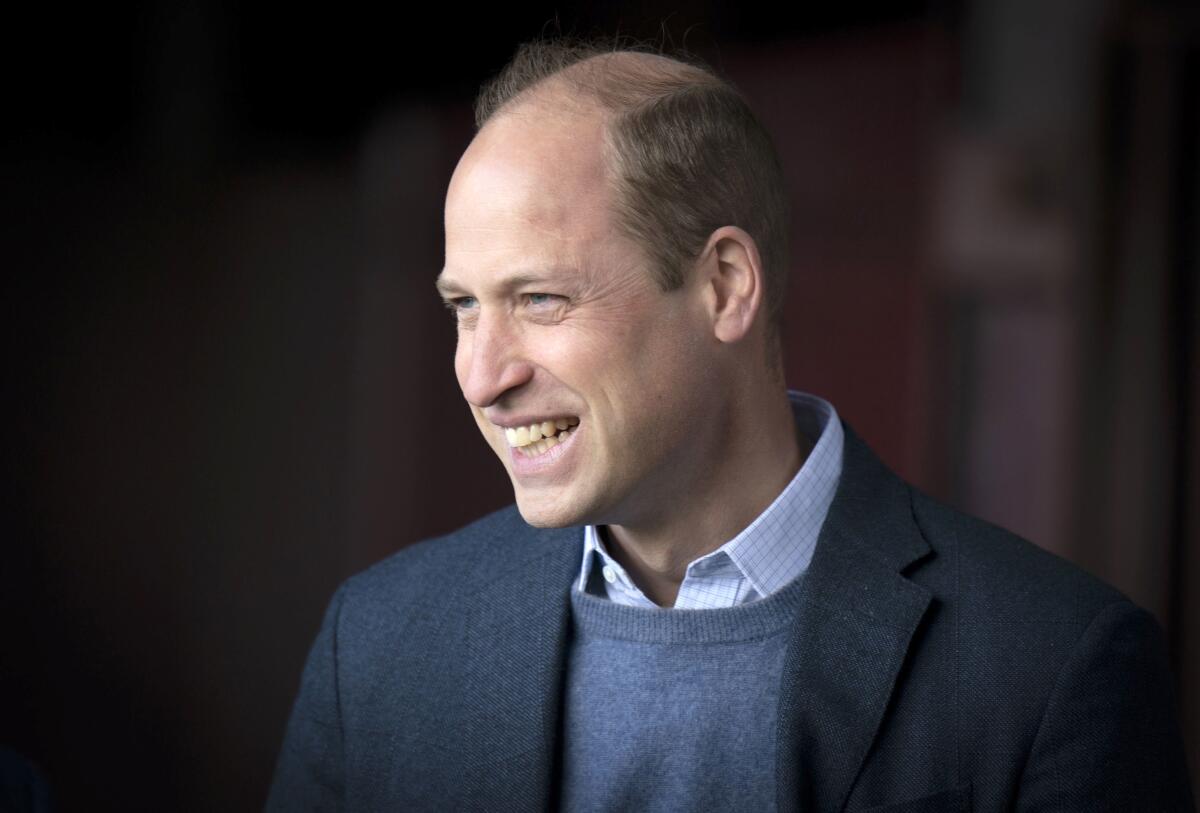 Prince William smiling and looking at an angle off-camera while clad in a blue jacket, sweater and button-down shirt