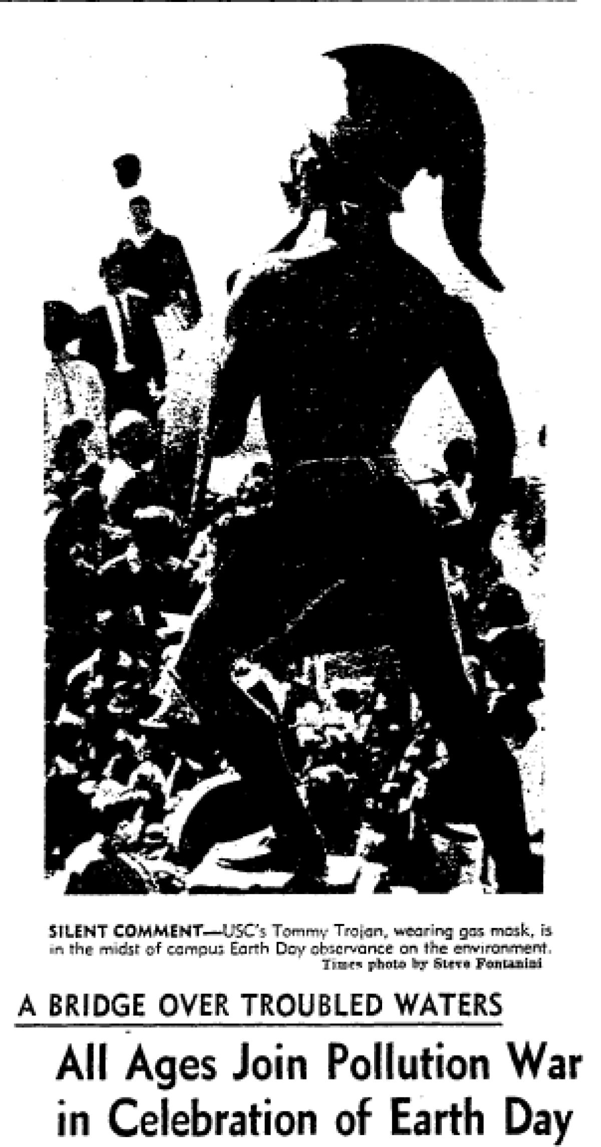 USC's Tommy Trojan, as seen on the front page of the Los Angeles Times on April 23, 1970, is shown wearing a gas mask as part of demonstrations for the first Earth Day.