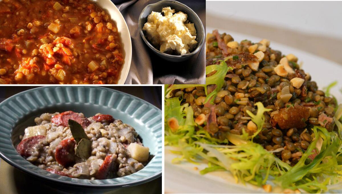 From the top left, lentil and barley stew, lentil and sausage and lentil and duck salad.