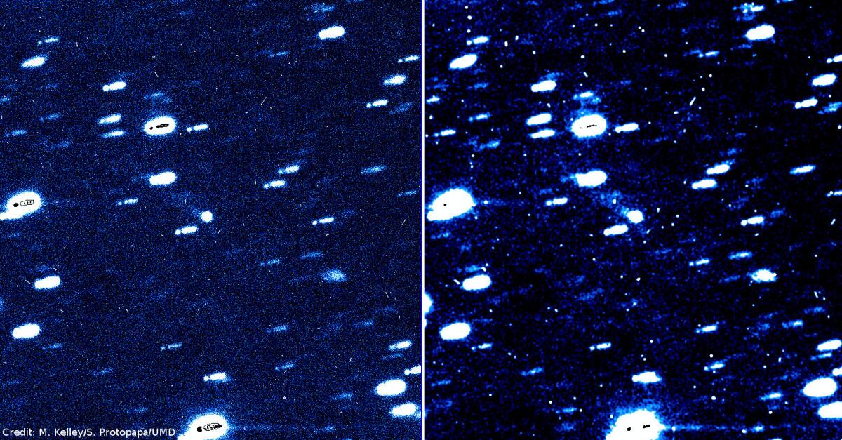 When does an asteroid become a comet? When it has a tail. These two images, taken by Michael Kelley and Silvia Protopapa confirmed "asteroid" P/2016 BA14 was actually a comet. The comet is at the center of the frame.