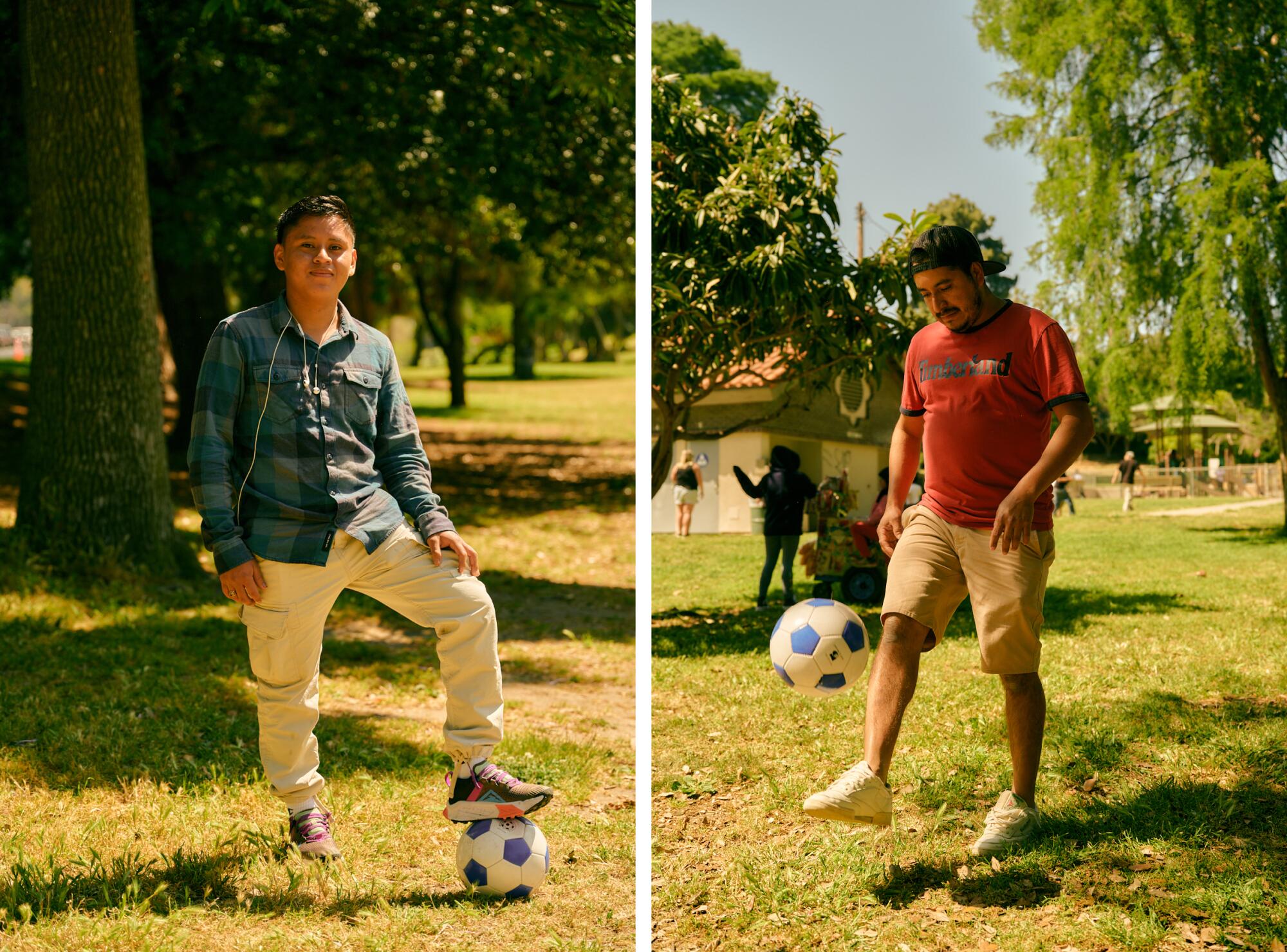 Side-by-side images of a child and a man playing with a soccer ball