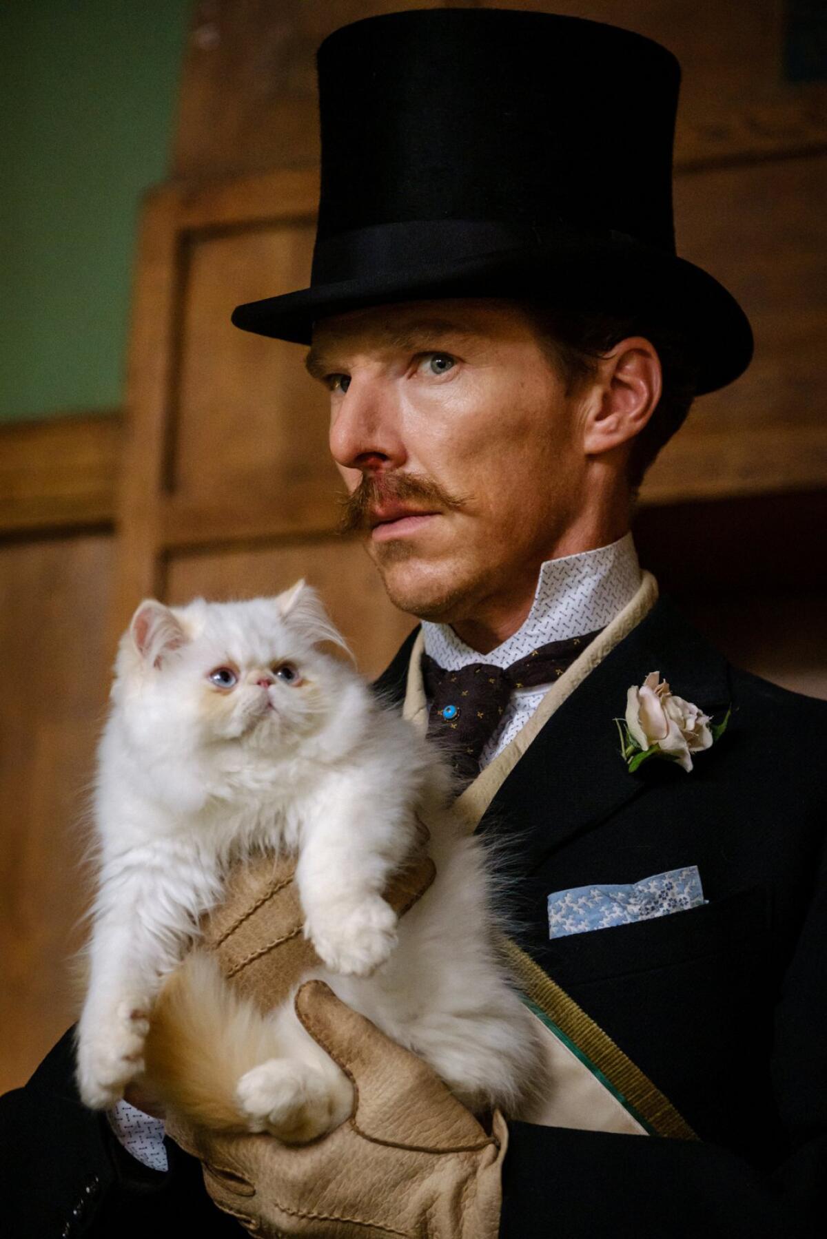 Benedict Cumberbatch in a top hat holding a white cat
