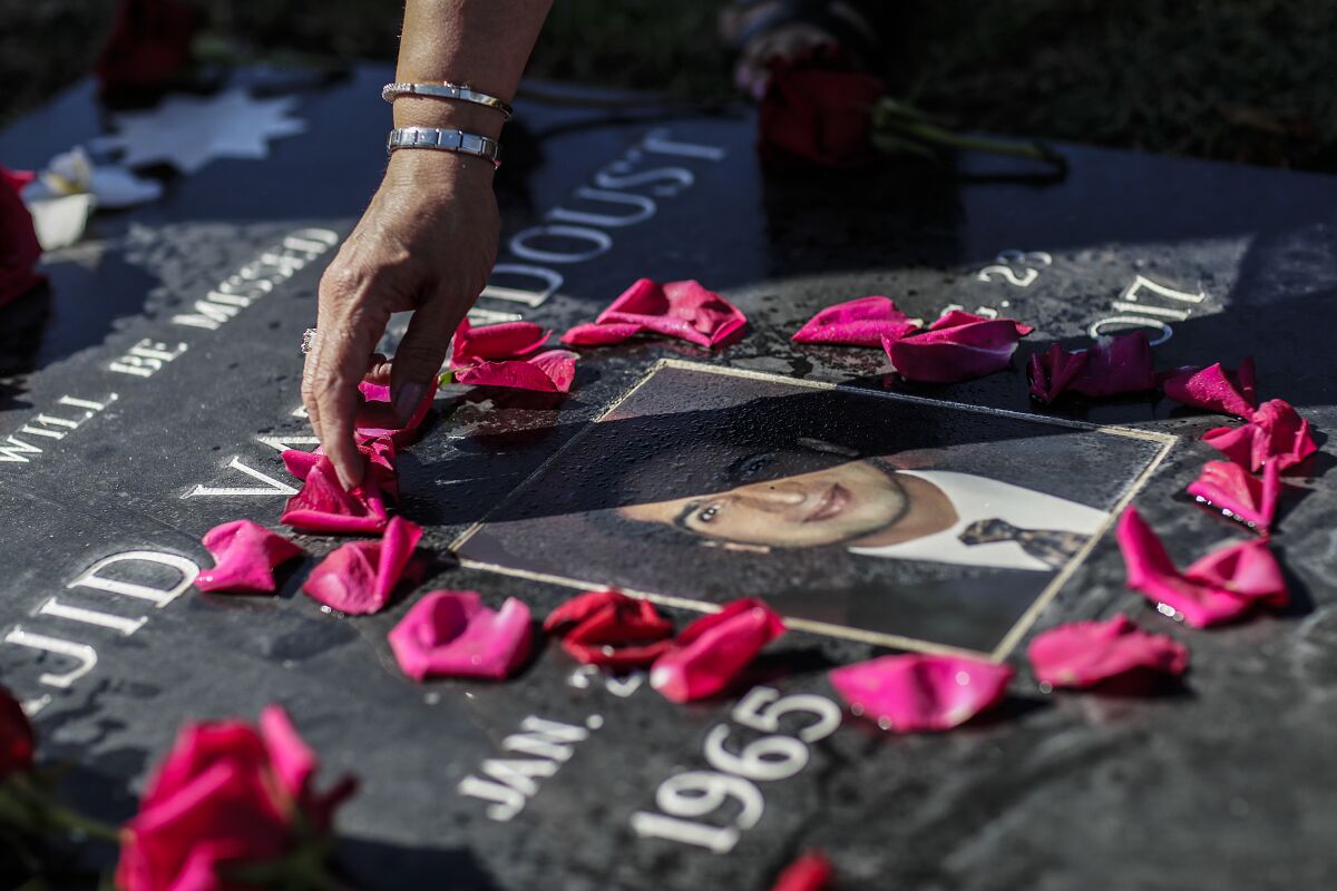 Pink flower petals surround a man's portrait on his gravestone