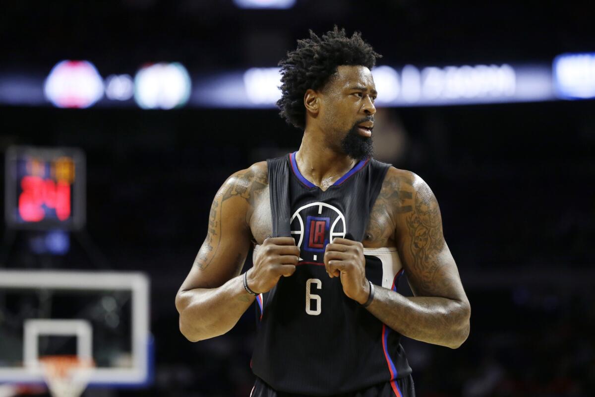 Clippers center DeAndre Jordan (6) looks towards the bench during the first half on Monday.