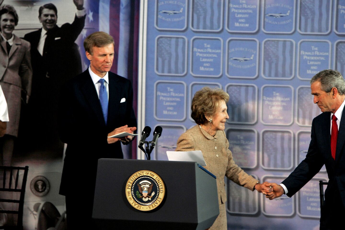 Nancy Reagan with President George W. Bush in 2005 at an Air Force One exhibit at the Ronald Reagan Presidential Library in Simi Valley.