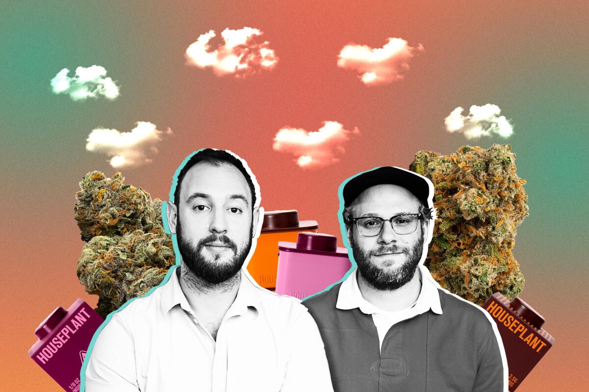 Illustration of Evan Goldberg, left, and Seth Rogen with cannabis buds and tins from new brand.