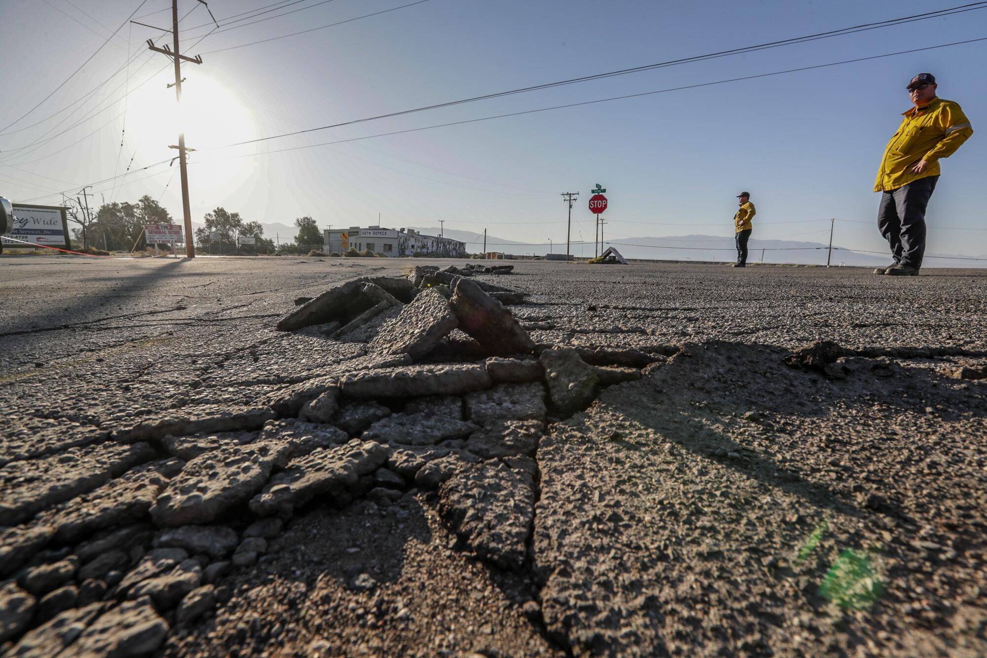 Buckled asphalt courses through a parking lot in Argus, which experienced two major earthquakes in July. The Ridgecrest quakes were the largest in Southern California in two decades.