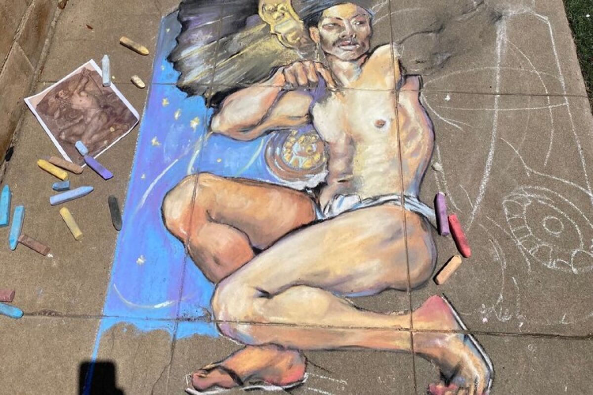Chalk art, shown in progress, of a 1917 illustration by Mexican painter Saturnino Herrán.