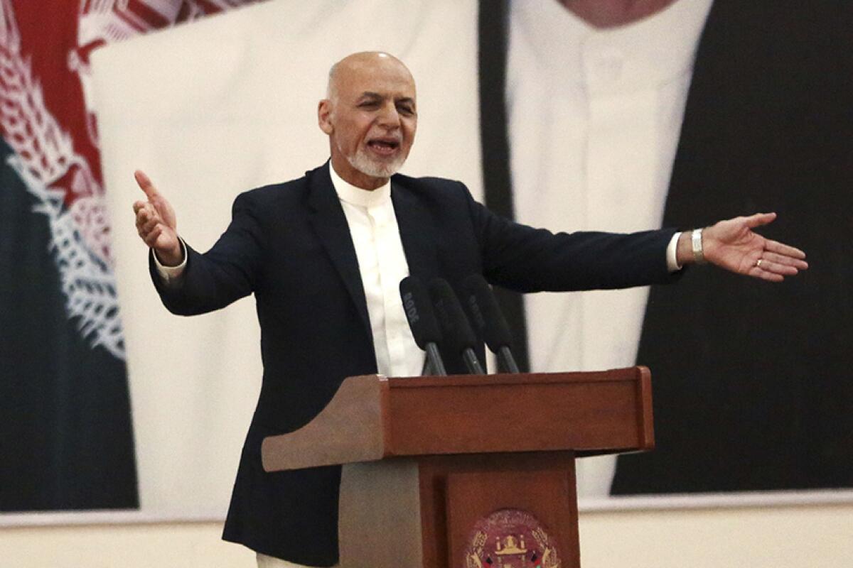 Afghan President Ashraf Ghani speaks at a ceremony in Kabul on Sept. 9.