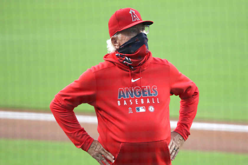 SAN DIEGO, CALIFORNIA - SEPTEMBER 22: Manager Joe Maddon of the Los Angeles Angels looks on prior to a game.