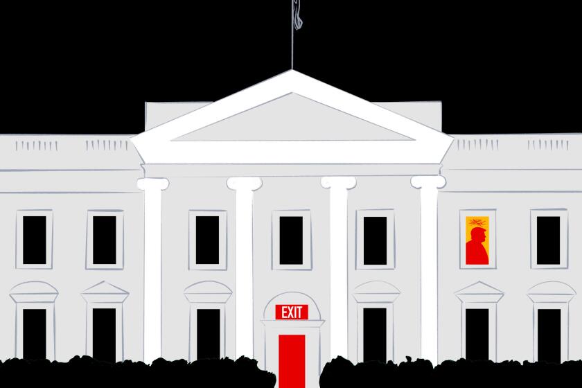 Illustration of the White House with an exit sign on the door and silhouette of Donald Trump in window.