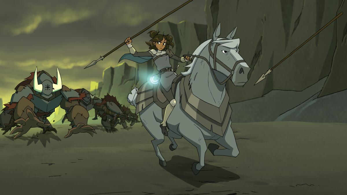 A girl with a spear astride her horse running away from monsters